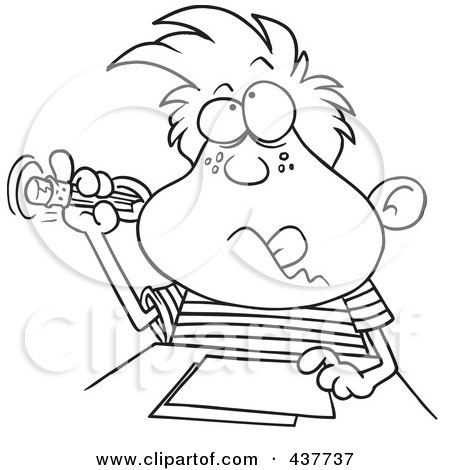 Royalty-Free (RF) Clip Art Illustration of a Black And White Outline Design Of A Boy Sticking His Pencil In His Ear While Taking A Test by toonaday