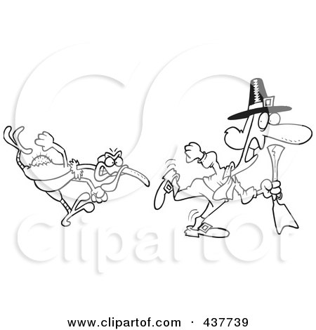 Royalty-Free (RF) Clip Art Illustration of a Black And White Outline Design Of A Mad Turkey Bird Chasing A Pilgrim by toonaday