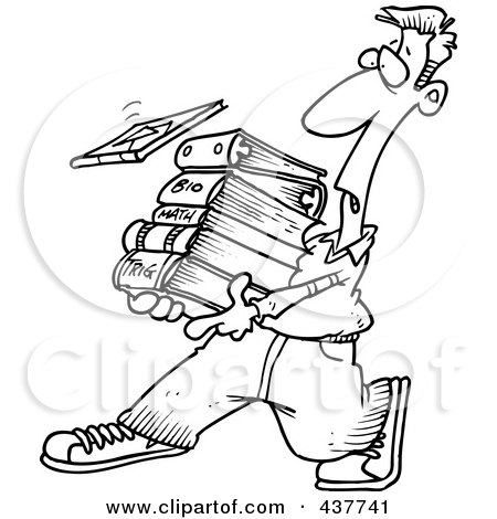 Royalty-Free (RF) Clip Art Illustration of a Black And White Outline Design Of A Male Student Carrying Text Books by toonaday