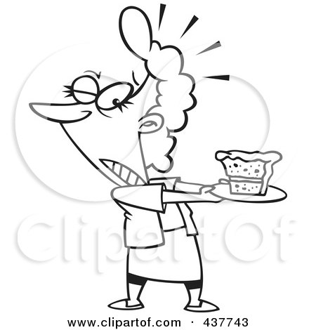 Royalty-Free (RF) Clip Art Illustration of a Black And White Outline Design Of A Tempted Woman Holding A Slice Of Cake On A Plate by toonaday