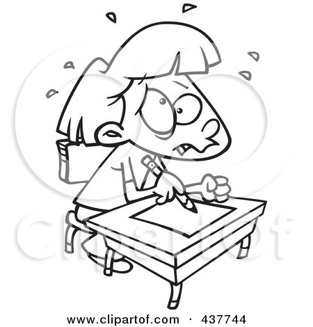 Royalty-Free (RF) Clip Art Illustration of a Black And White Outline Design Of A Stressed School Girl Taking A Test by toonaday