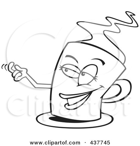 Royalty-Free (RF) Clip Art Illustration of a Black And White Outline Design Of A Temptress Cup Of Coffee by toonaday