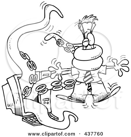 Royalty-Free (RF) Clip Art Illustration of a Black And White Outline Design Of A Tentacled Monster Attacking A Man Through A Computer Screen by toonaday