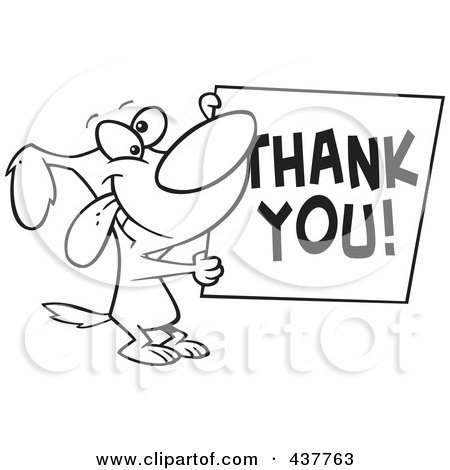 Royalty-Free (RF) Clip Art Illustration of a Black And White Outline Design Of A Grateful Dog Holding A Thank You Sign by toonaday