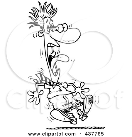 Royalty-Free (RF) Clip Art Illustration of a Black And White Outline Design Of A Terrified Businessman Jumping, His Eyes Bulging by toonaday