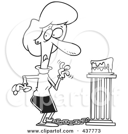 Royalty-Free (RF) Clip Art Illustration of a Black And White Outline Design Of A Chained Woman Tempted To Eat A Slice Of Cake by toonaday