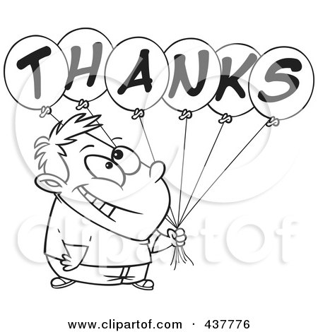 Royalty-Free (RF) Clip Art Illustration of a Black And White Outline Design Of A Grateful Boy Holding Thanks Balloons by toonaday
