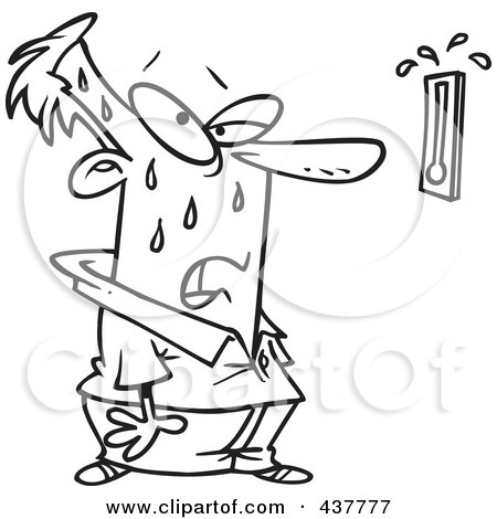 Royalty-Free (RF) Clip Art Illustration of a Black And White Outline Design Of A Man Sweating And Staring At A Hot Thermometer by toonaday