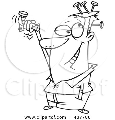 Royalty-Free (RF) Clip Art Illustration of a Black And White Outline Design Of A Man Hammering Nails In His Head by toonaday