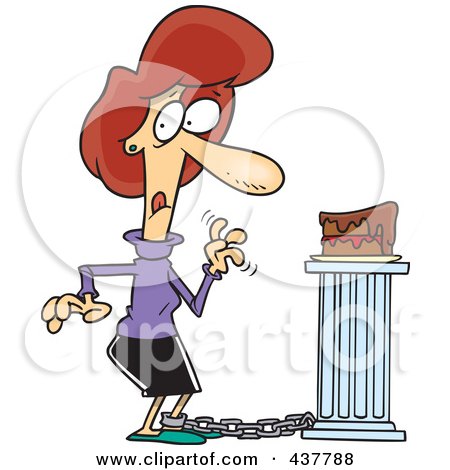 Royalty-Free (RF) Clip Art Illustration of a Cartoon Chained Woman Tempted To Eat A Slice Of Cake by toonaday