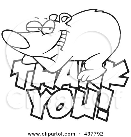 Royalty-Free (RF) Clip Art Illustration of a Black And White Outline Design Of A Grateful Bear Resting On Thank You Text by toonaday