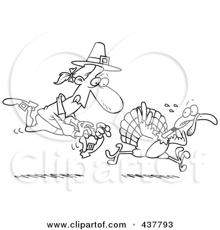 Royalty-Free (RF) Clip Art Illustration of a Black And White Outline Design Of A Pilgrim Chasing A Turkey Bird by toonaday