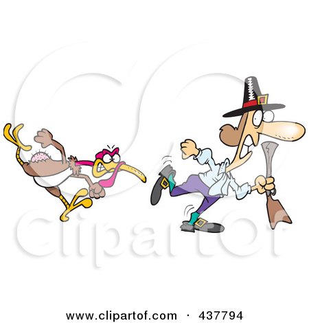 Royalty-Free (RF) Clip Art Illustration of a Mad Cartoon Turkey Bird Chasing A Pilgrim by toonaday