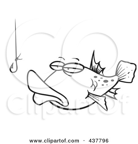 Royalty-Free (RF) Clip Art Illustration of a Black And White Outline Design Of A Tempted Fish Staring At A Hook by toonaday