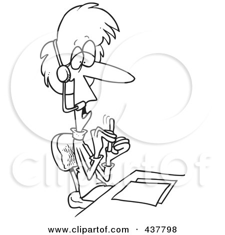 Royalty-Free (RF) Clip Art Illustration of a Black And White Outline Design Of A Woman Telemarketer Filing Her Nails At Her Desk by toonaday