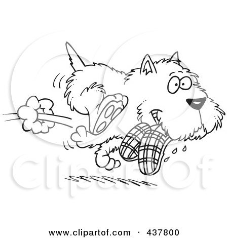 Royalty-Free (RF) Clip Art Illustration of a Black And White Outline Design Of A Terrier Dog Stealing Slippers by toonaday