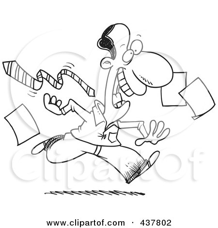 Royalty-Free (RF) Clip Art Illustration of a Black And White Outline Design Of A Happy Businessman Tripping Off His Tie And Dropping Papers At The End Of A Friday Work Day by toonaday