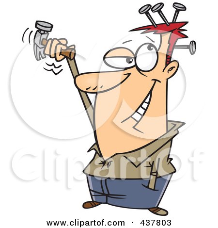 Royalty-Free (RF) Clip Art Illustration of a Cartoon Man Hammering Nails In His Head by toonaday