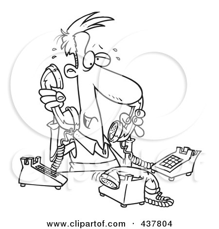 Royalty-Free (RF) Clip Art Illustration of a Black And White Outline Design Of A Male Telemarketer Handling Multiple Lines by toonaday