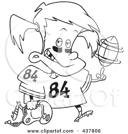 Royalty-Free (RF) Clip Art Illustration of a Black And White Outline Design Of A Little Football Girl Spinning A Ball On Her Finger by toonaday