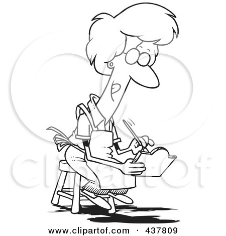 Royalty-Free (RF) Clip Art Illustration of a Black And White Outline Design Of A Woman Sitting On A Stool And Painting A Sign by toonaday