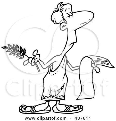 Royalty-Free (RF) Clip Art Illustration of a Black And White Outline Design Of A Man In A Togat, Holding Sheet Music by toonaday