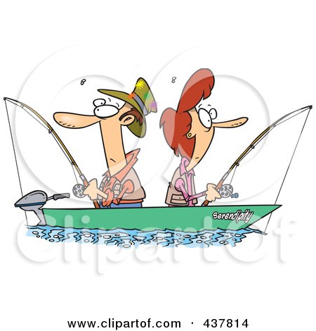 Royalty-Free (RF) Clip Art Illustration of a Couple Fishing Together In A Boat by toonaday