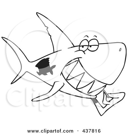 Royalty-Free (RF) Clip Art Illustration of a Black And White Outline Design Of A Grinning Shark Using A Toothpick by toonaday