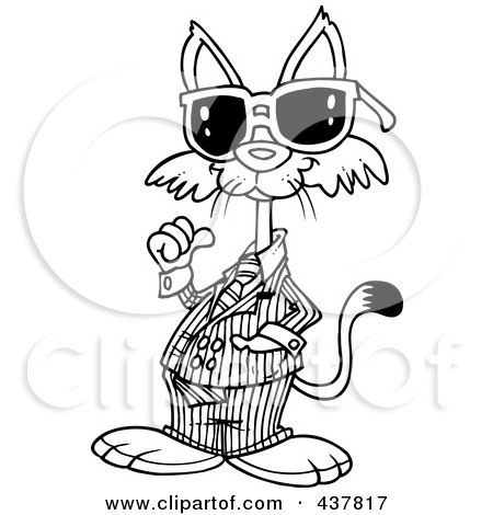 Royalty-Free (RF) Clip Art Illustration of a Black And White Outline Design Of A Cool Cat Wearing Shades by toonaday