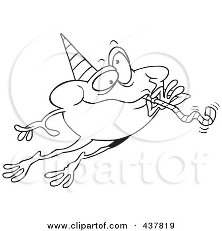 Royalty-Free (RF) Clip Art Illustration of a Black And White Outline Design Of A Leaping Party Frog by toonaday