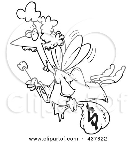 Royalty-Free (RF) Clip Art Illustration of a Black And White Outline Design Of A Tooth Fairy With A Wand And Bag Of Money by toonaday