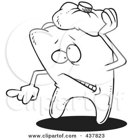 Royalty-Free (RF) Clip Art Illustration of a Black And White Outline Design Of A Tooth Trying To Soothe An Ache With An Ice Pack by toonaday