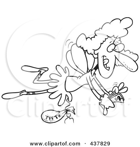 Royalty-Free (RF) Clip Art Illustration of a Black And White Outline Design Of A Tooth Fairy Flying With A Bag Of Teeth And Counting Her Cash by toonaday