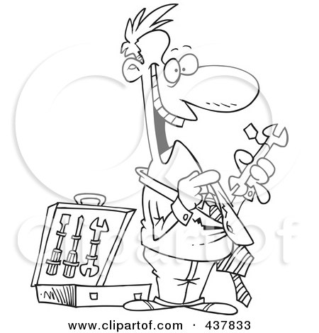 Royalty-Free (RF) Clip Art Illustration of a Black And White Outline Design Of A Salesman Trying To Sell Tools by toonaday