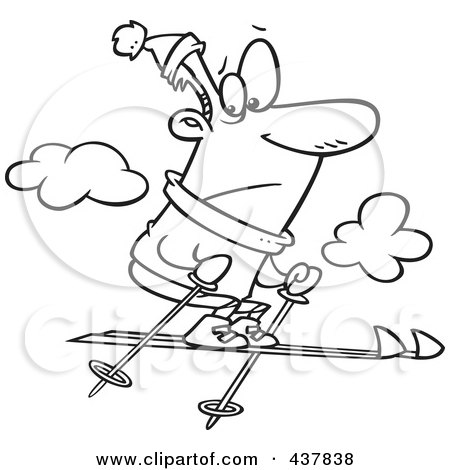 Royalty-Free (RF) Clip Art Illustration of a Black And White Outline Design Of A Nervous Man Jumping Too High While Skiing by toonaday
