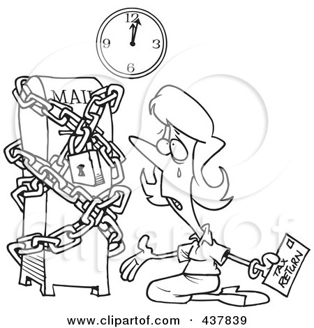 Royalty-Free (RF) Clip Art Illustration of a Black And White Outline Design Of A Woman Kneeling And Crying With Her Tax Return At A Locked Up Mail Box by toonaday