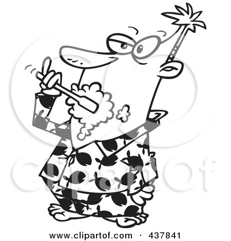 Royalty-Free (RF) Clip Art Illustration of a Black And White Outline Design Of A Man Brushing His Teeth In His Fish Pajamas by toonaday