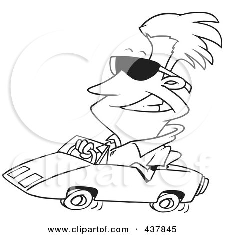 Royalty-Free (RF) Clip Art Illustration of a Black And White Outline Design Of A Cool Man Wearing Shades And Driving A Convertible by toonaday