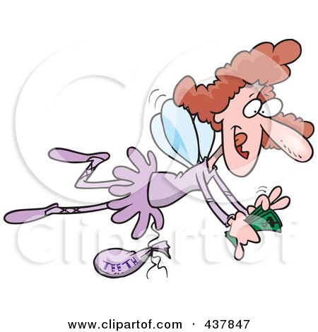 Royalty-Free (RF) Clip Art Illustration of a Brunette Tooth Fairy Flying With A Bag Of Teeth And Counting Her Cash by toonaday