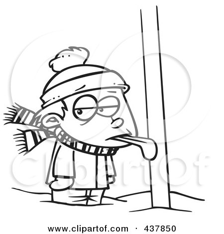 Royalty-Free (RF) Clip Art Illustration of a Black And White Outline Design Of A Boy With His Tongue Stuck To A Pole by toonaday