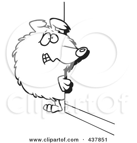 Royalty-Free (RF) Clip Art Illustration of a Black And White Outline Design Of A Timid Collie Dog Looking Around A Corner by toonaday