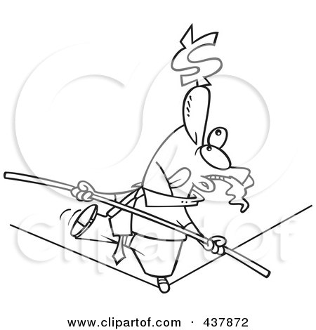 Royalty-Free (RF) Clip Art Illustration of a Black And White Outline Design Of A Businessman Trying To Maintain Balanced Budget On A Tight Rope by toonaday