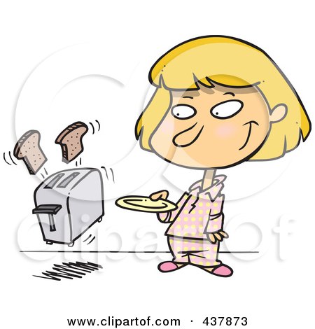 Royalty-Free (RF) Clip Art Illustration of a Girl Holding A Plate For Her Toast Popping Out Of A Toaster by toonaday