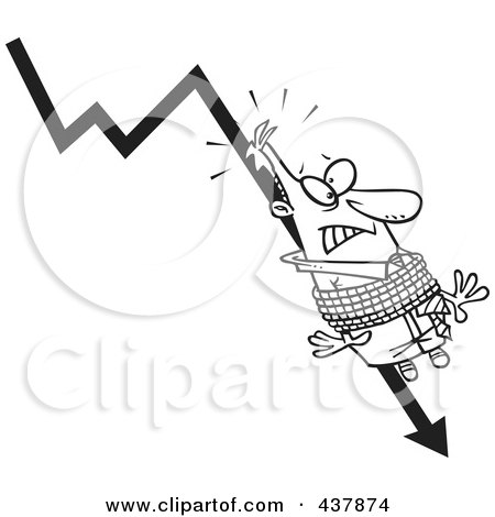 Royalty-Free (RF) Clip Art Illustration of a Black And White Outline Design Of A Businessman Tied To A Plumeting Arrow by toonaday
