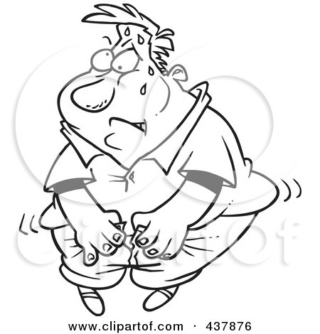 Royalty-Free (RF) Clip Art Illustration of a Black And White Outline Design Of A Man Trying To Squeeze Into Jeans by toonaday