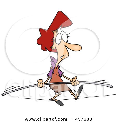 Royalty-Free (RF) Clip Art Illustration of a Cartoon Businesswoman Trying To Maintain Balance On A Tight Rope by toonaday