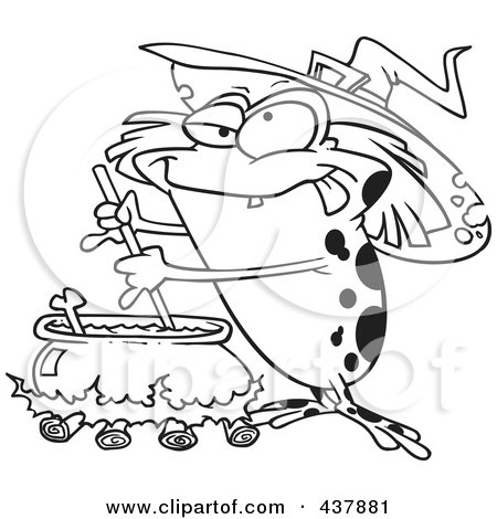 Royalty-Free (RF) Clip Art Illustration of a Black And White Outline Design Of A Witch Toad Mixing Brew by toonaday