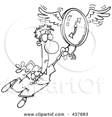 Royalty-Free (RF) Clip Art Illustration of a Black And White Outline Design Of A Man Flying Away With A Clock by toonaday