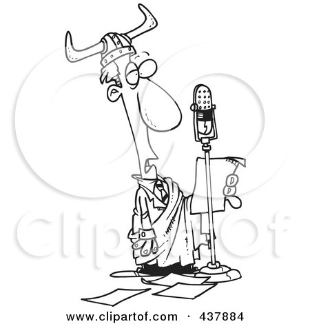 Royalty-Free (RF) Clip Art Illustration of a Black And White Outline Design Of A Man In Costume, Reading About Today In History by toonaday