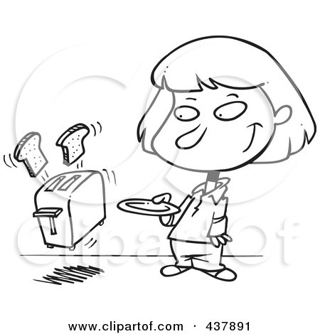 Royalty-Free (RF) Clip Art Illustration of a Black And White Outline Design Of A Girl Holding A Plate For Her Toast Popping Out Of A Toaster by toonaday